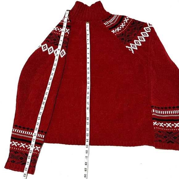 VINTAGE BLAIR FAIR ISLE CHENILLE ZIP MOCK NECK CARDIGAN SWEATER IN RED WINE. 2XL - Picture 9 of 10